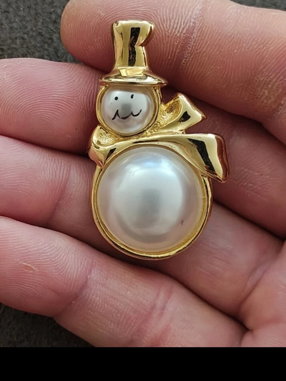 1980s Gold Tone Faux Pearl Snowman Brooch
